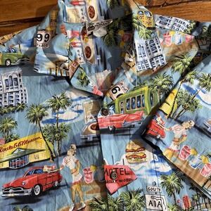 Vintage Aloha Republic Hawaiian Shirt Route 66 Print Mens Large 1990s Rockabilly